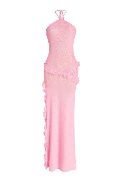 Halter Neck Mesh Frill Midi Dress