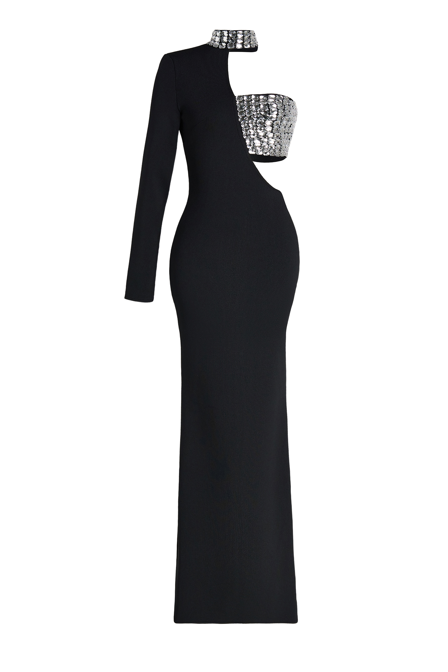 Rhinestone Asymmetrical Sleeve Stand Collar Maxi Dress