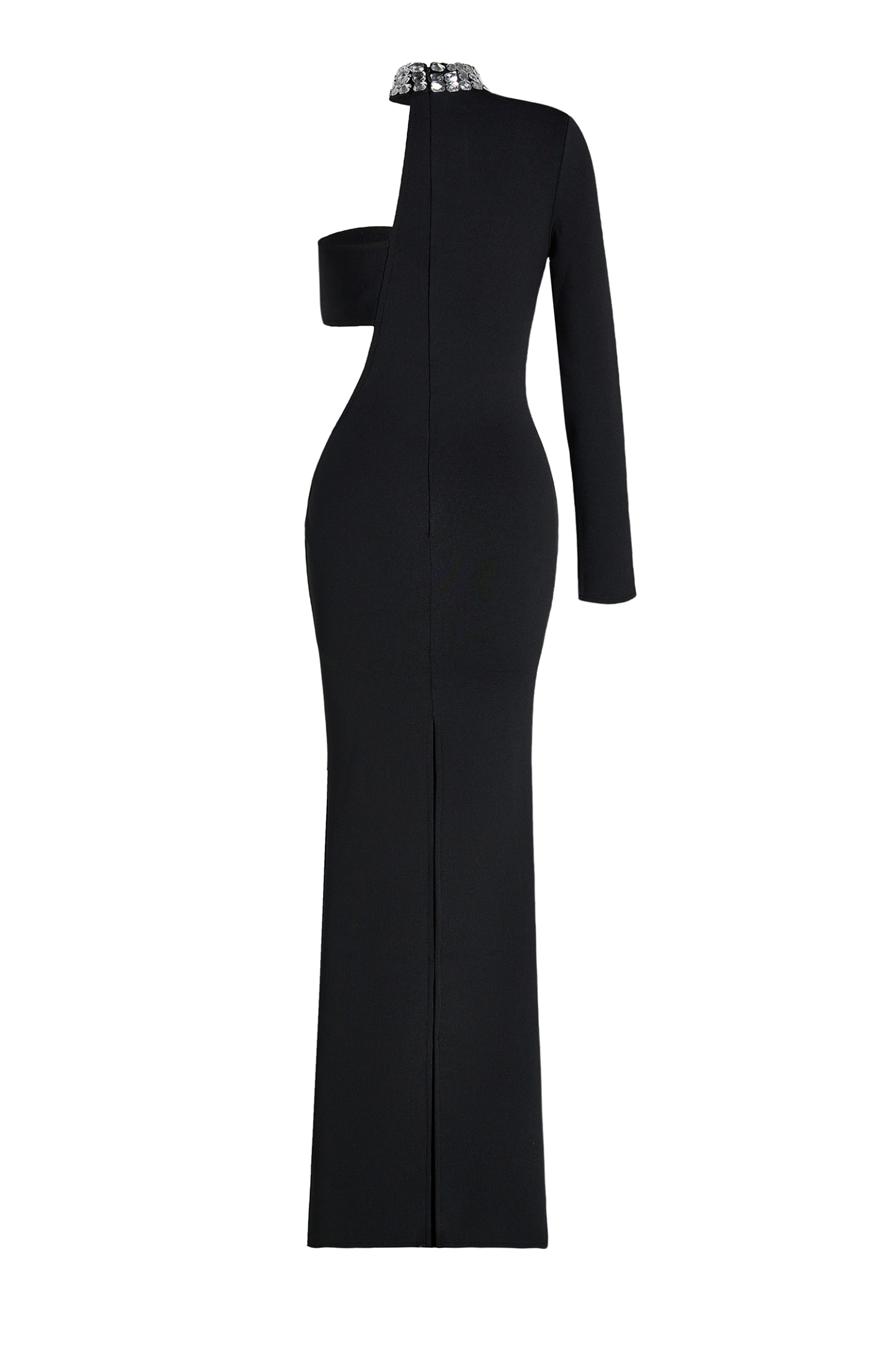 Rhinestone Asymmetrical Sleeve Stand Collar Maxi Dress