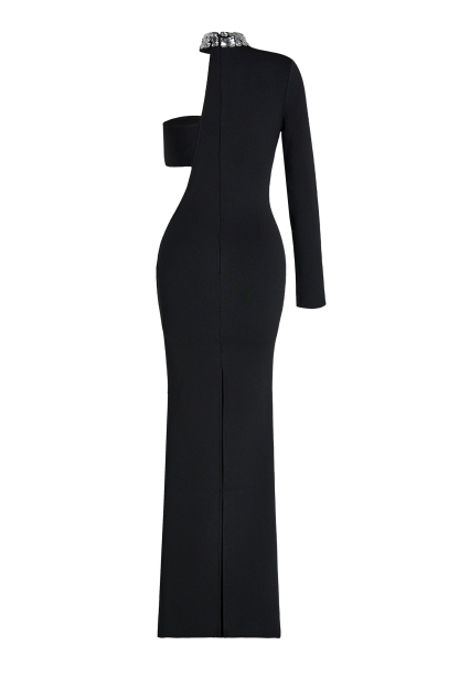 Rhinestone Asymmetrical Sleeve Stand Collar Maxi Dress