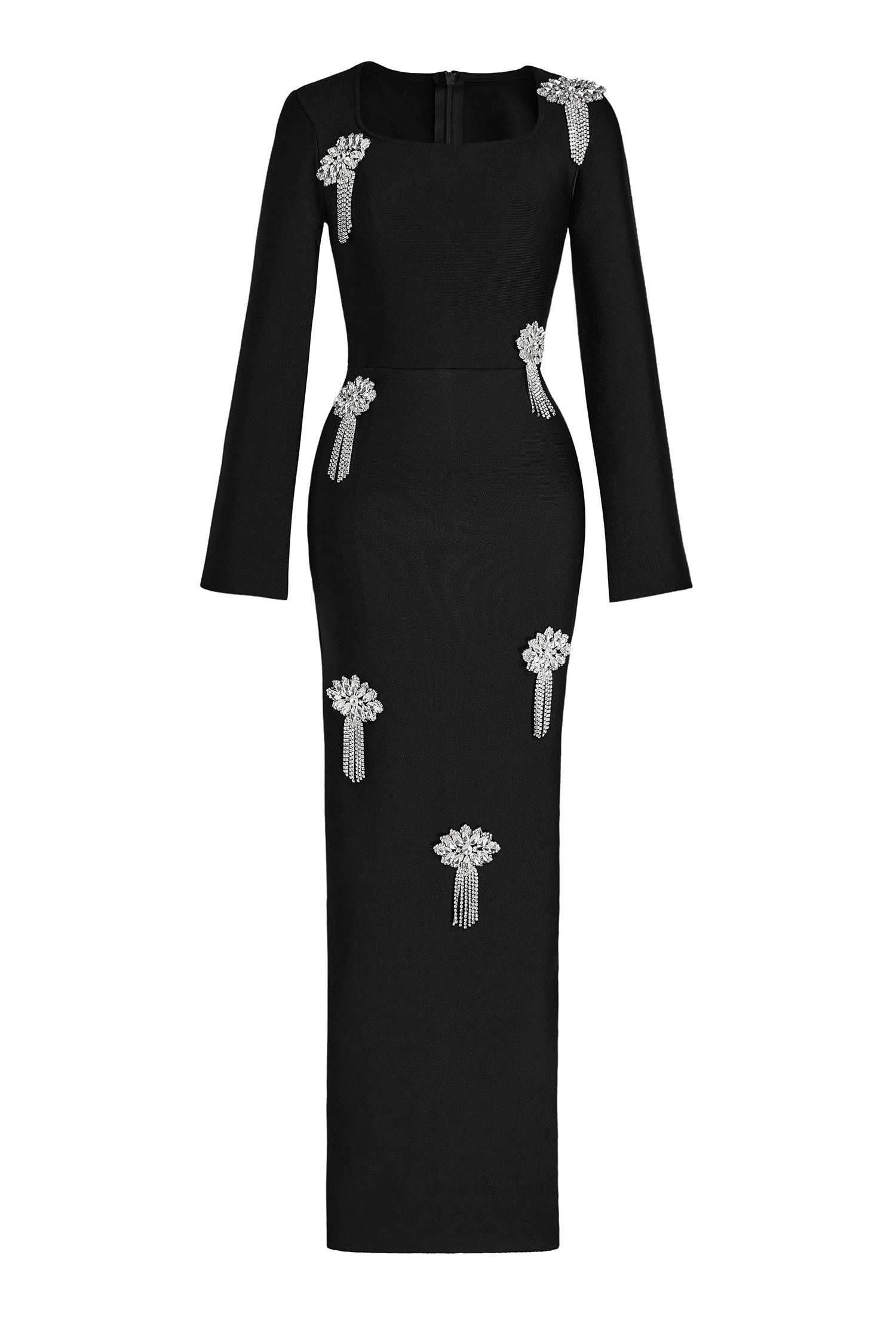 Rhinestone Square Collar Long Sleeve Midi Dress