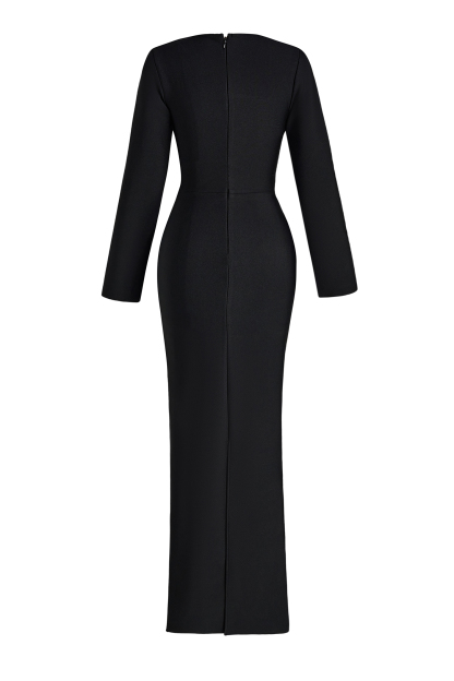 Rhinestone Square Collar Long Sleeve Midi Dress