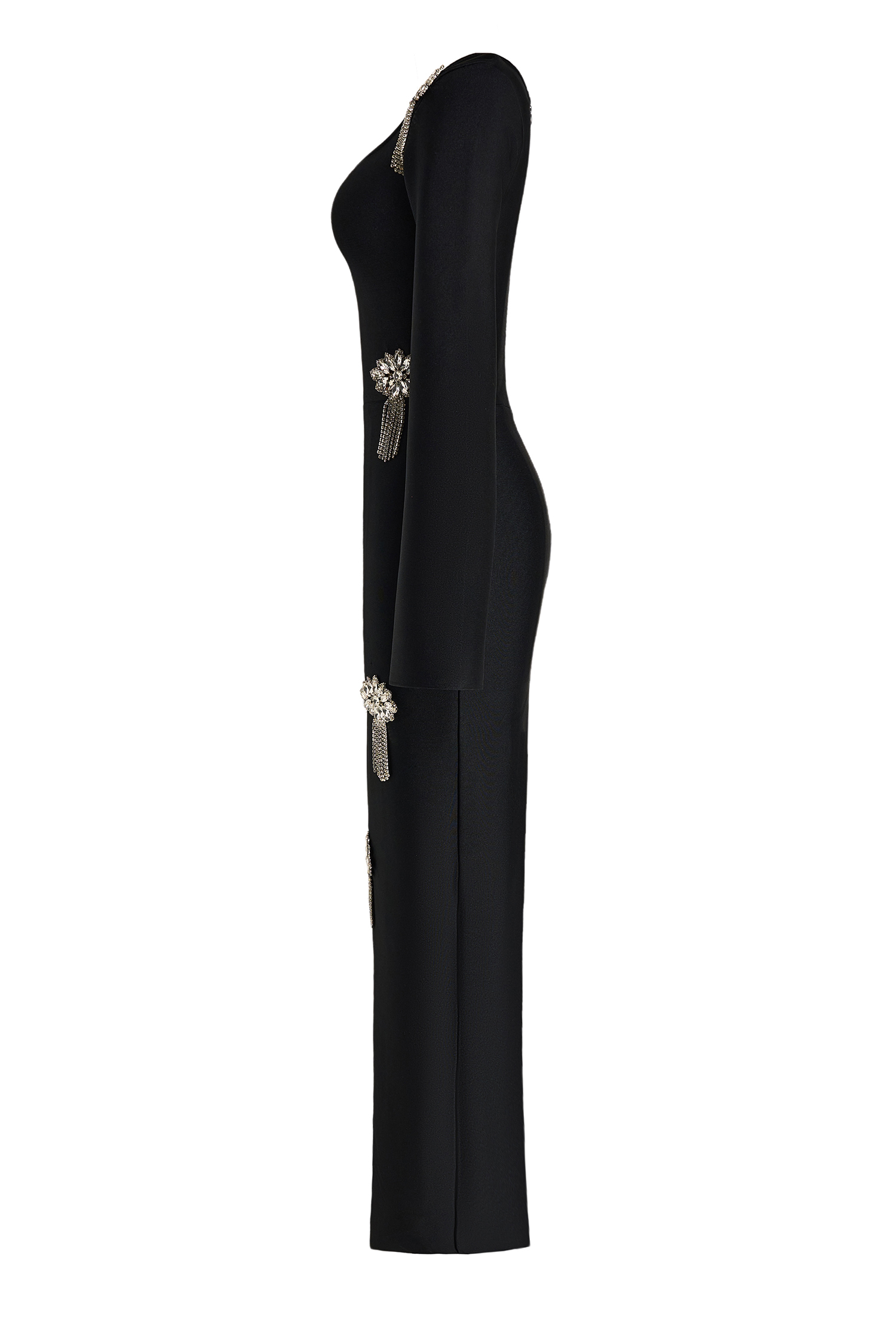 Rhinestone Square Collar Long Sleeve Midi Dress