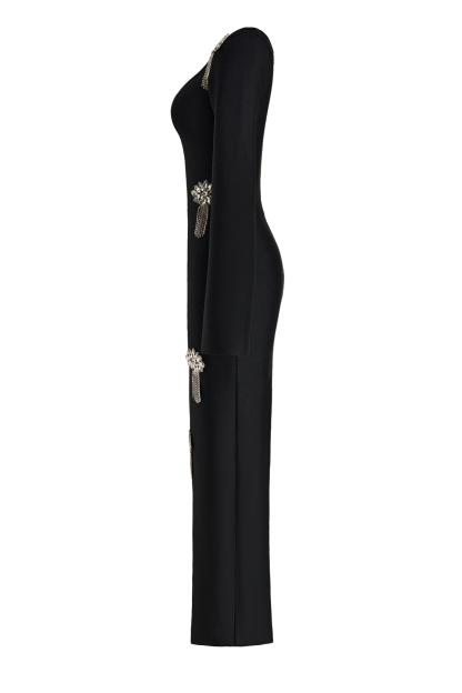 Rhinestone Square Collar Long Sleeve Midi Dress