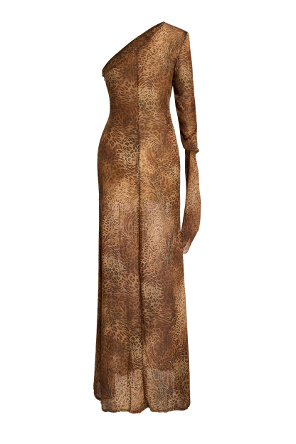 Leopard Print Chiffon One Shoulder Maxi Dress