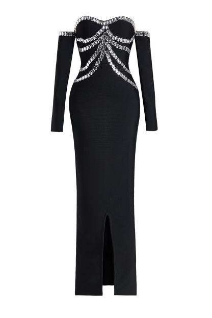 Bandage Rhinestone Off-Shouder Midi Dress