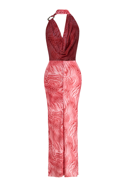 Leopard Print Halter Neck Swing Collar Maxi Dress