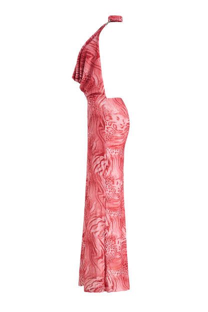Leopard Print Halter Neck Swing Collar Maxi Dress