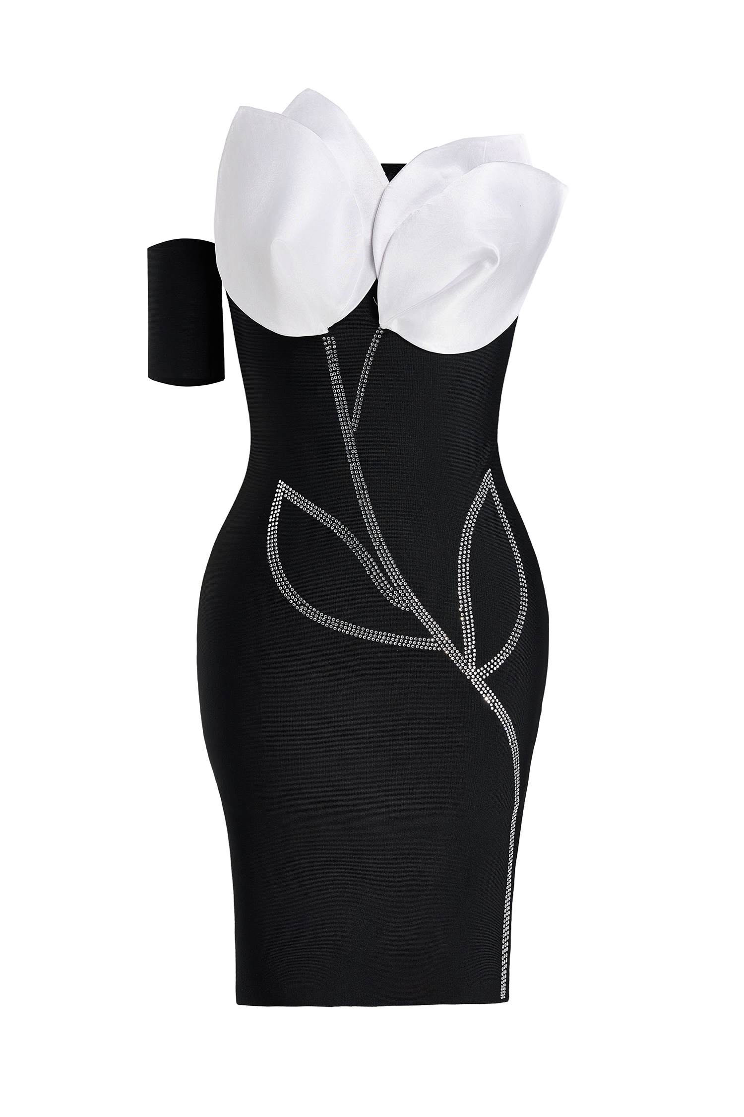 Contrast Color Bandage 3D Flower Rhinestone Mini Dress