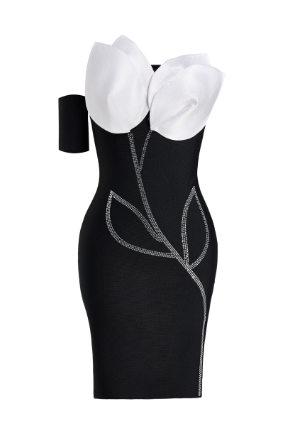 Contrast Color Bandage 3D Flower Rhinestone Mini Dress