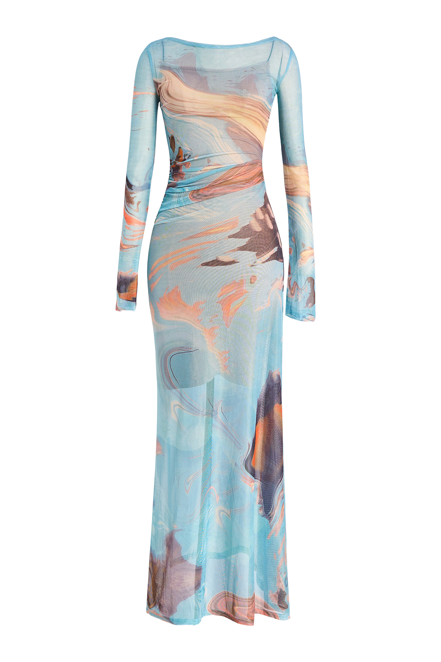 Abstract Print Mesh Bell Sleeve Maxi Dress