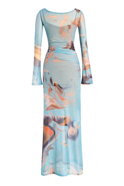 Abstract Print Mesh Bell Sleeve Maxi Dress