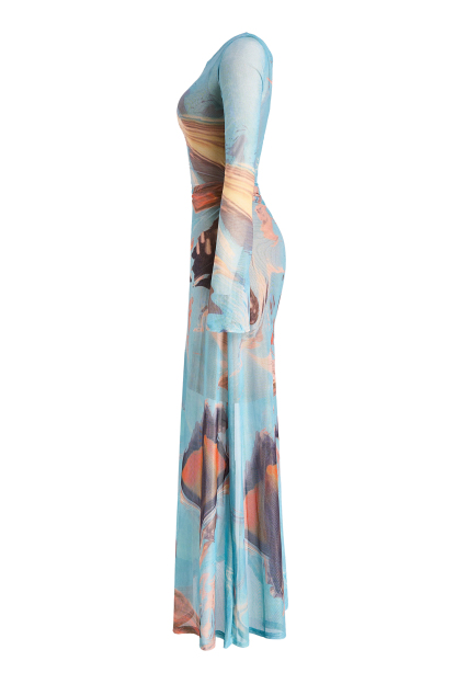 Abstract Print Mesh Bell Sleeve Maxi Dress