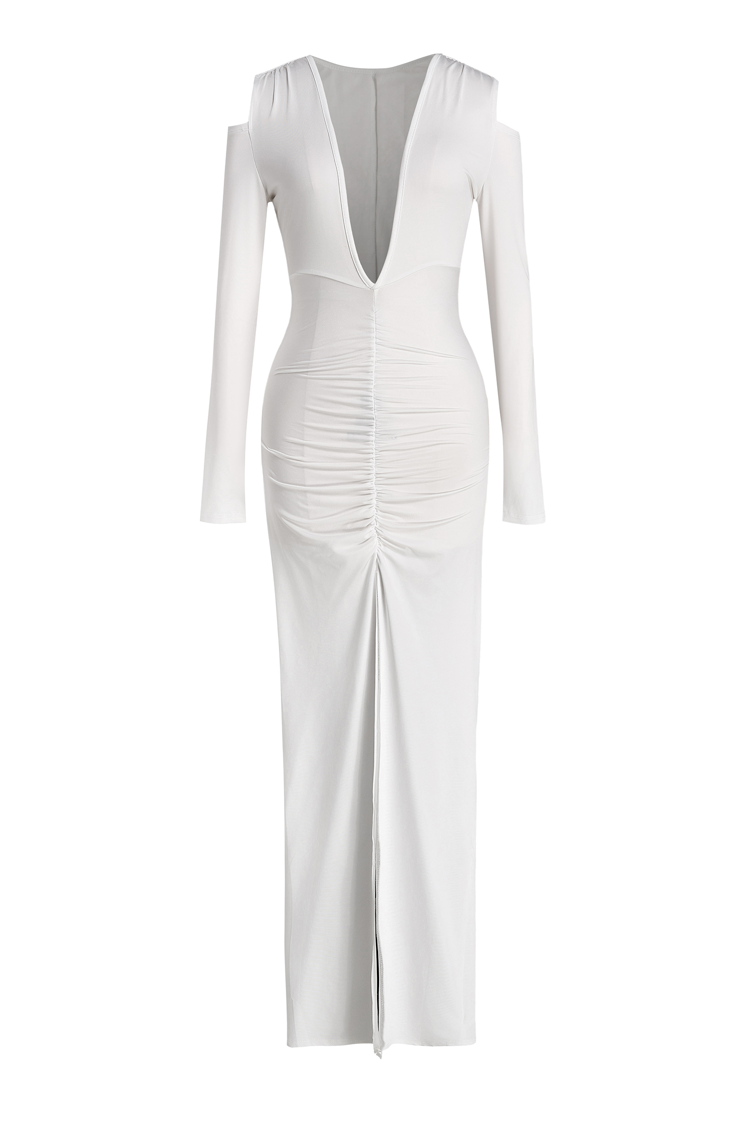 Jersey Long Sleeve V-Neck Ruched Maxi Dress