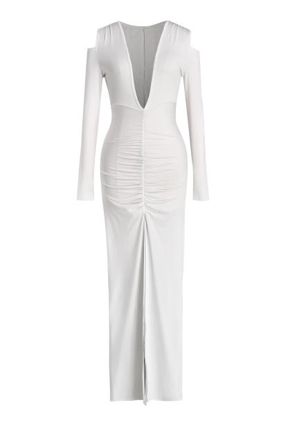 Jersey Long Sleeve V-Neck Ruched Maxi Dress