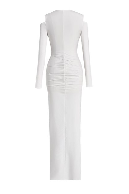 Jersey Long Sleeve V-Neck Ruched Maxi Dress