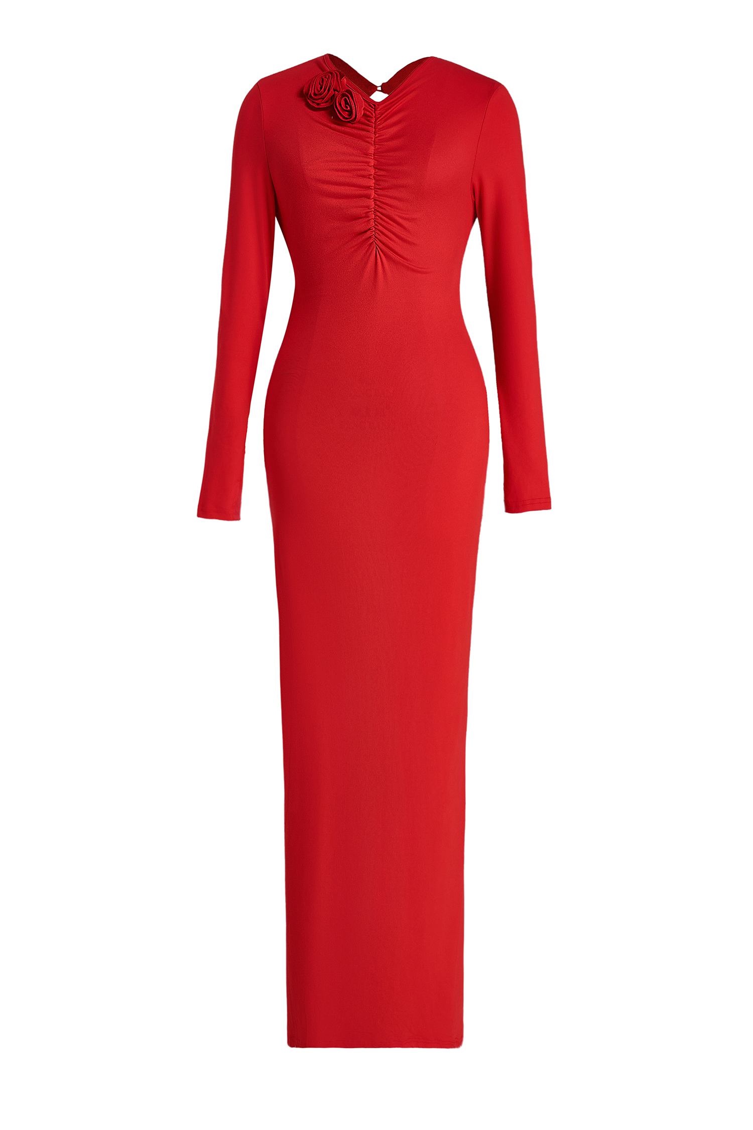 3D Flower Ruched Long Sleeve Midi Dress