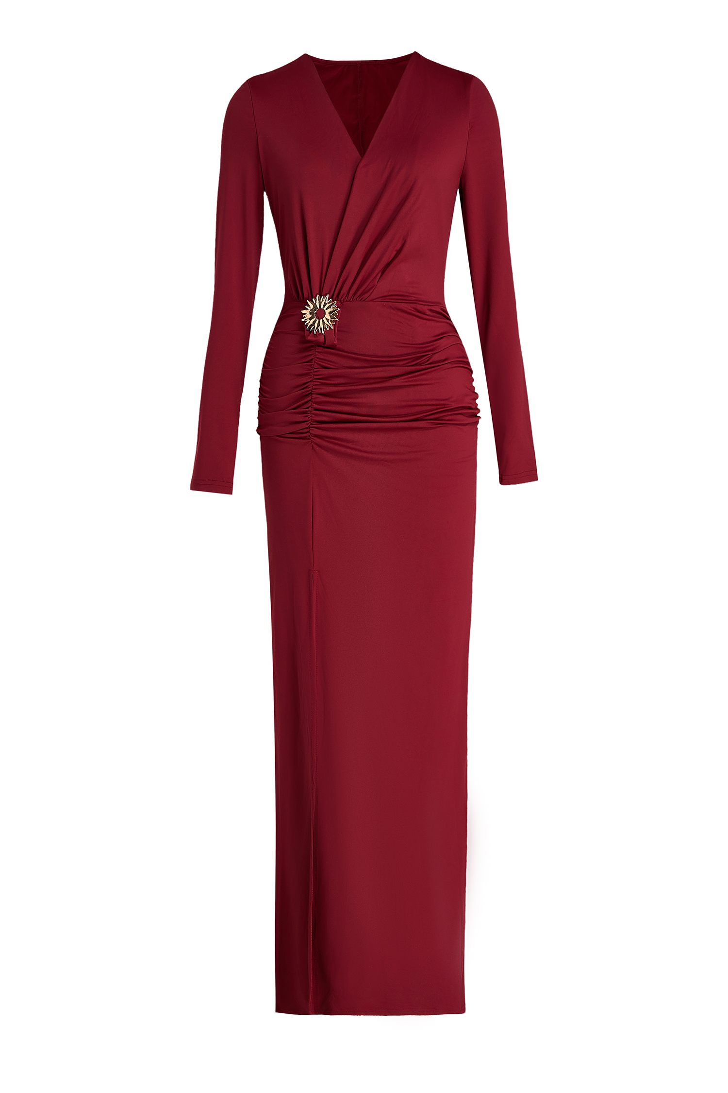 Long Sleeve V-Neck Metal Decoration Maxi Dress