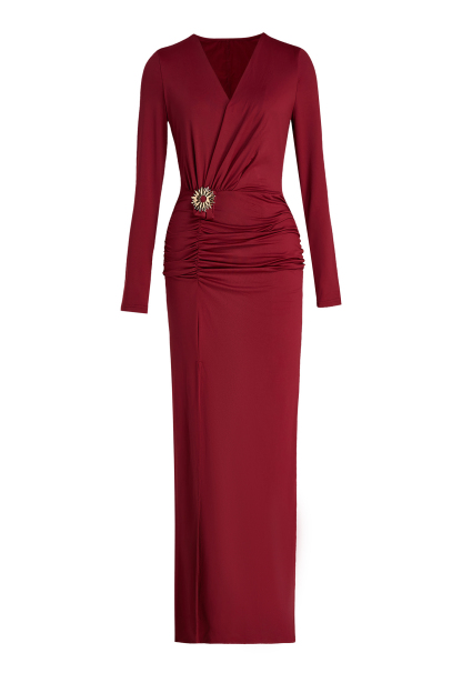 Long Sleeve V-Neck Metal Decoration Maxi Dress