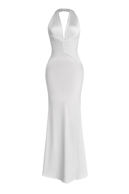 Satin Pleated Halter Neck Maxi Dress