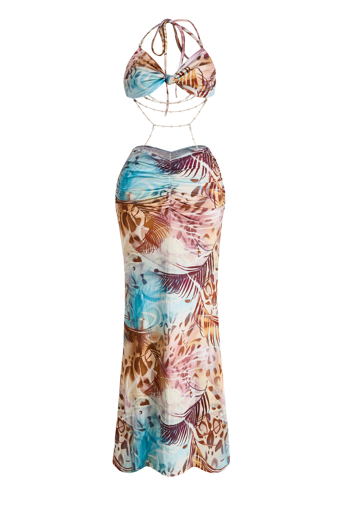 Abstract Print Halter Neck Beaded Maxi Dress