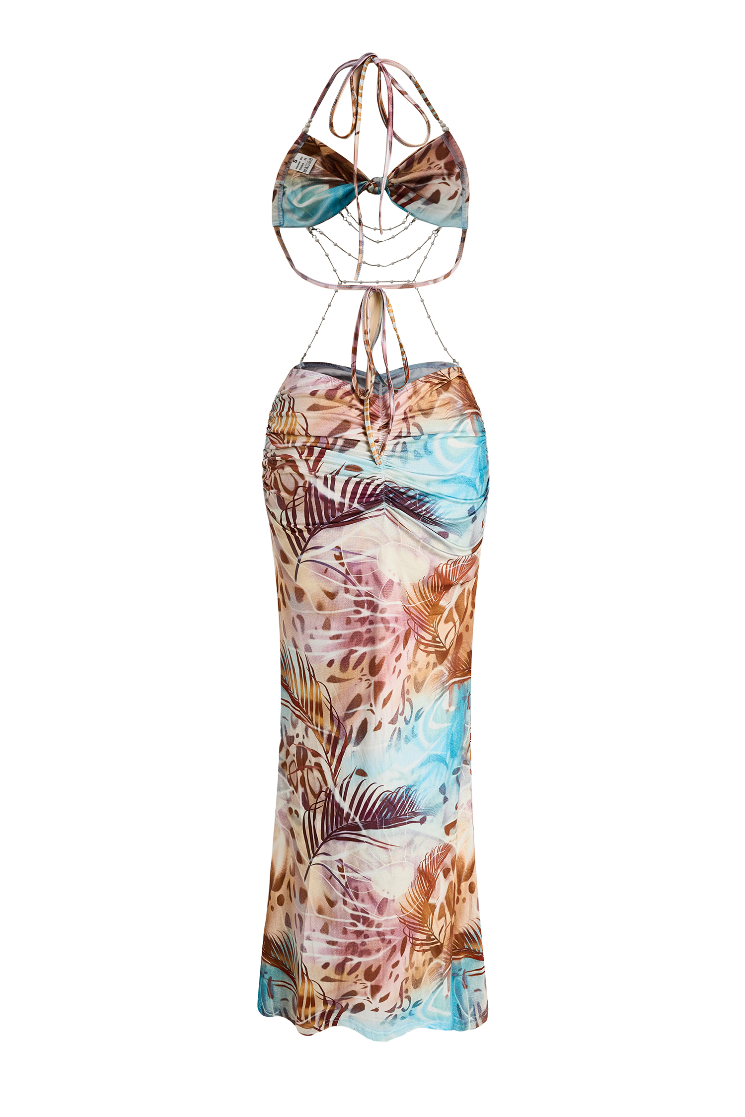 Abstract Print Halter Neck Beaded Maxi Dress
