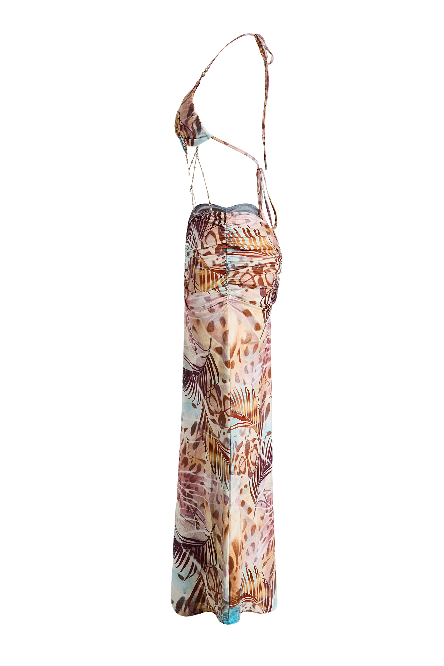 Abstract Print Halter Neck Beaded Maxi Dress
