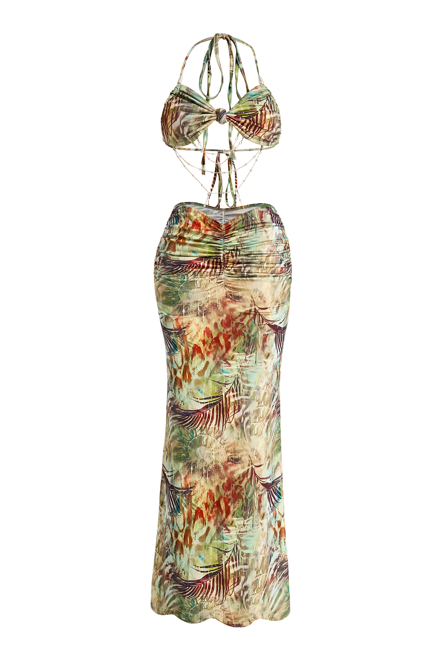 Abstract Print Halter Neck Beaded Maxi Dress