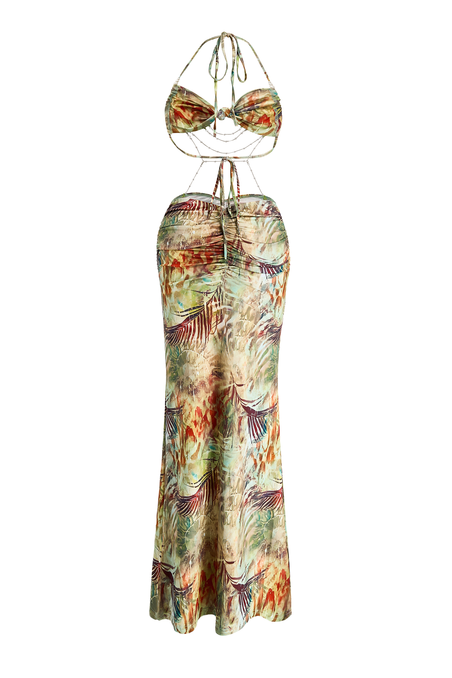 Abstract Print Halter Neck Beaded Maxi Dress