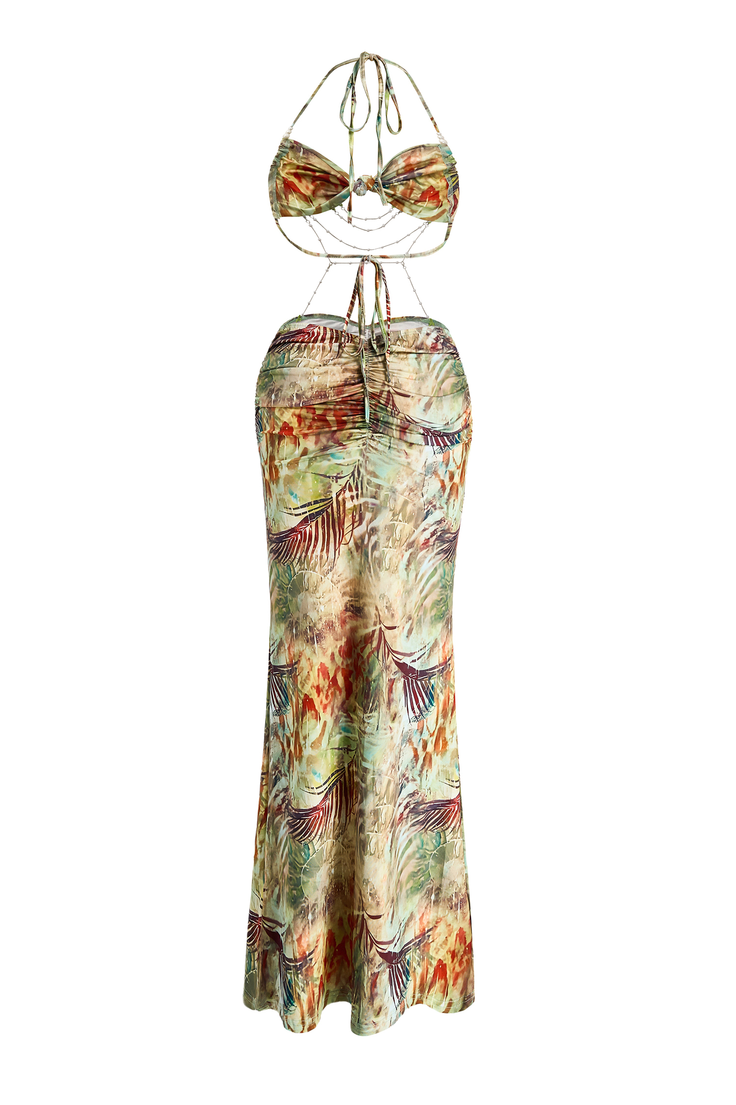 Abstract Print Halter Neck Beaded Maxi Dress