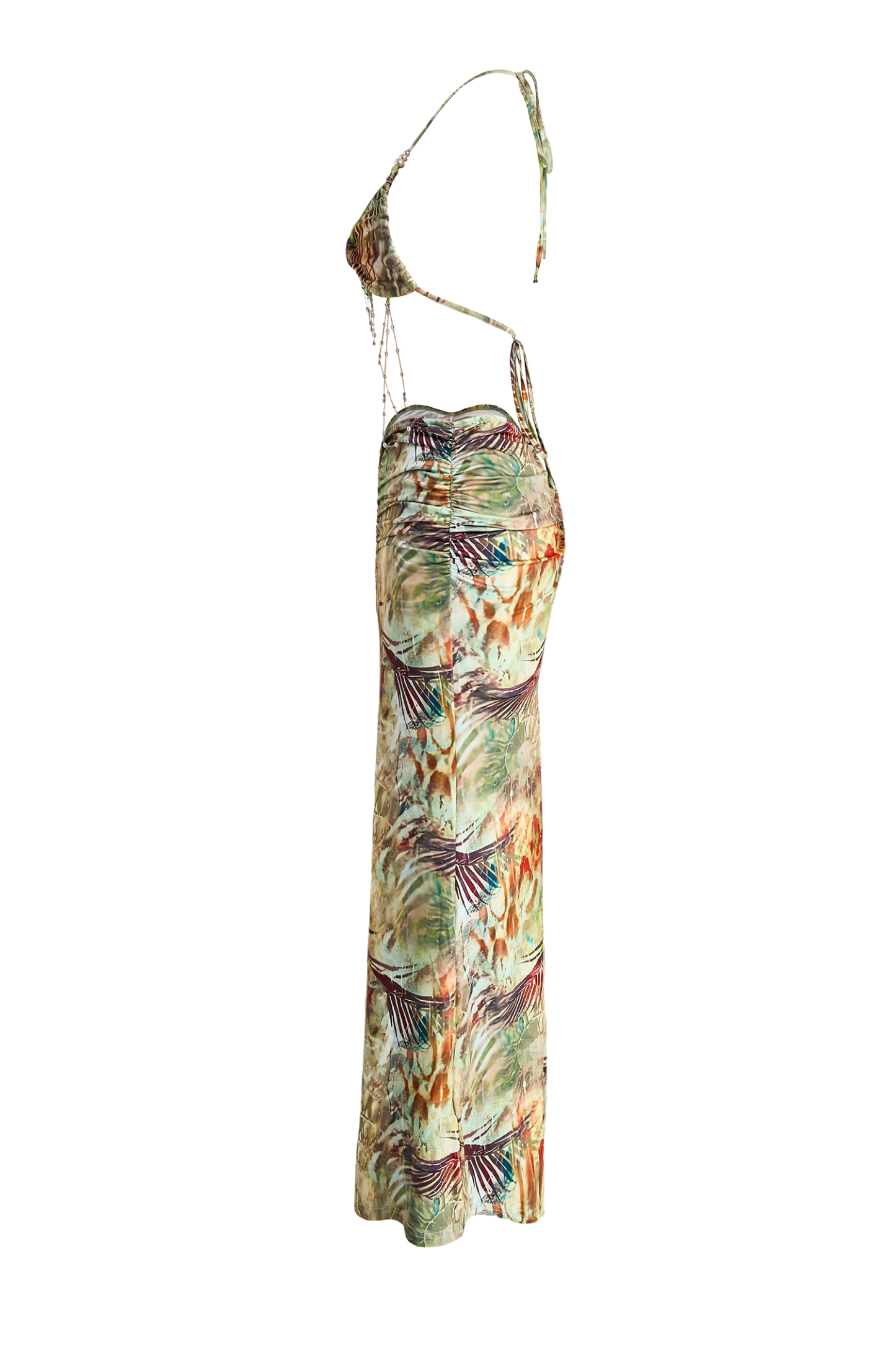 Abstract Print Halter Neck Beaded Maxi Dress