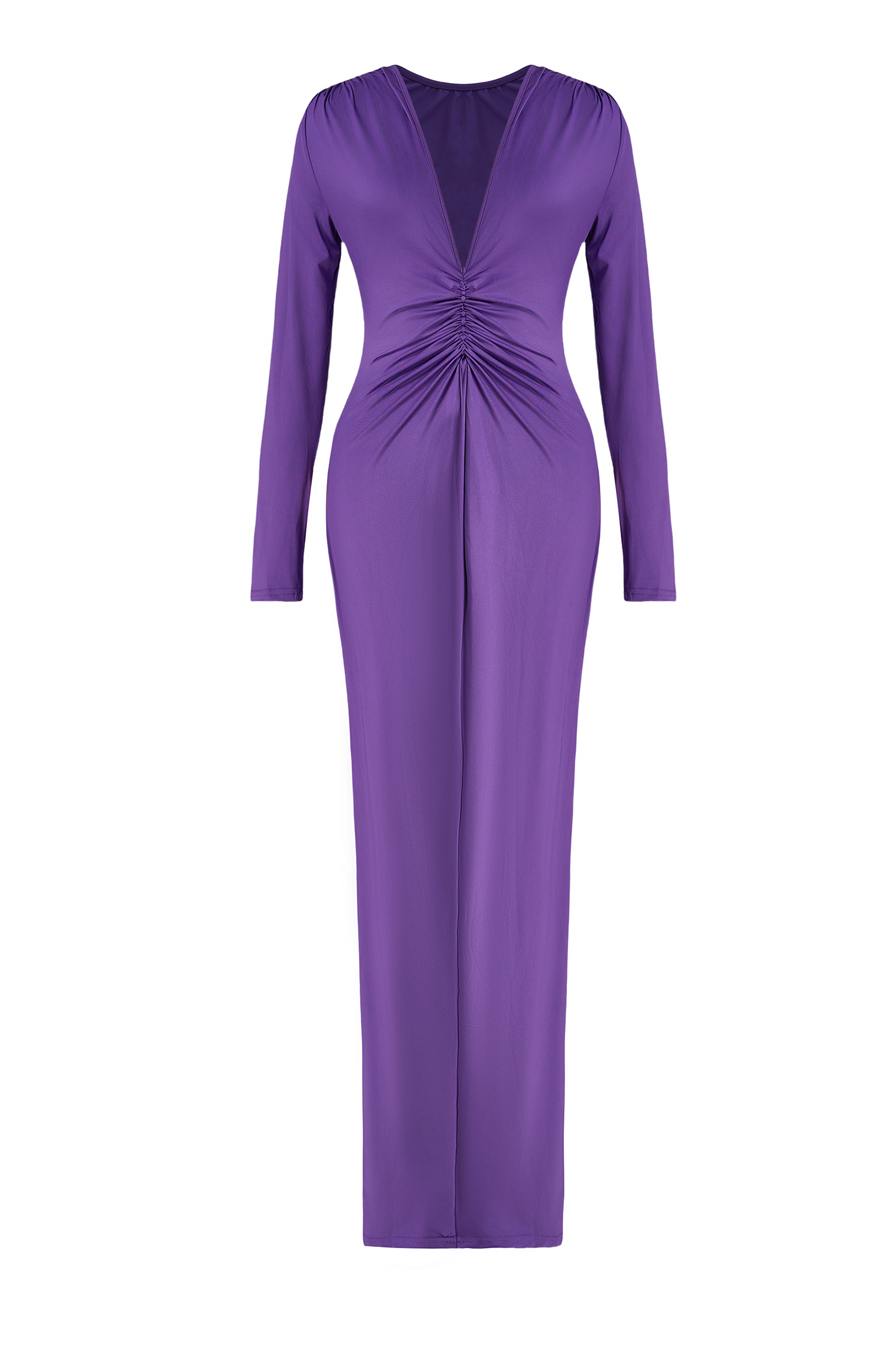 V-Neck Gathering Long Sleeve Maxi Dress