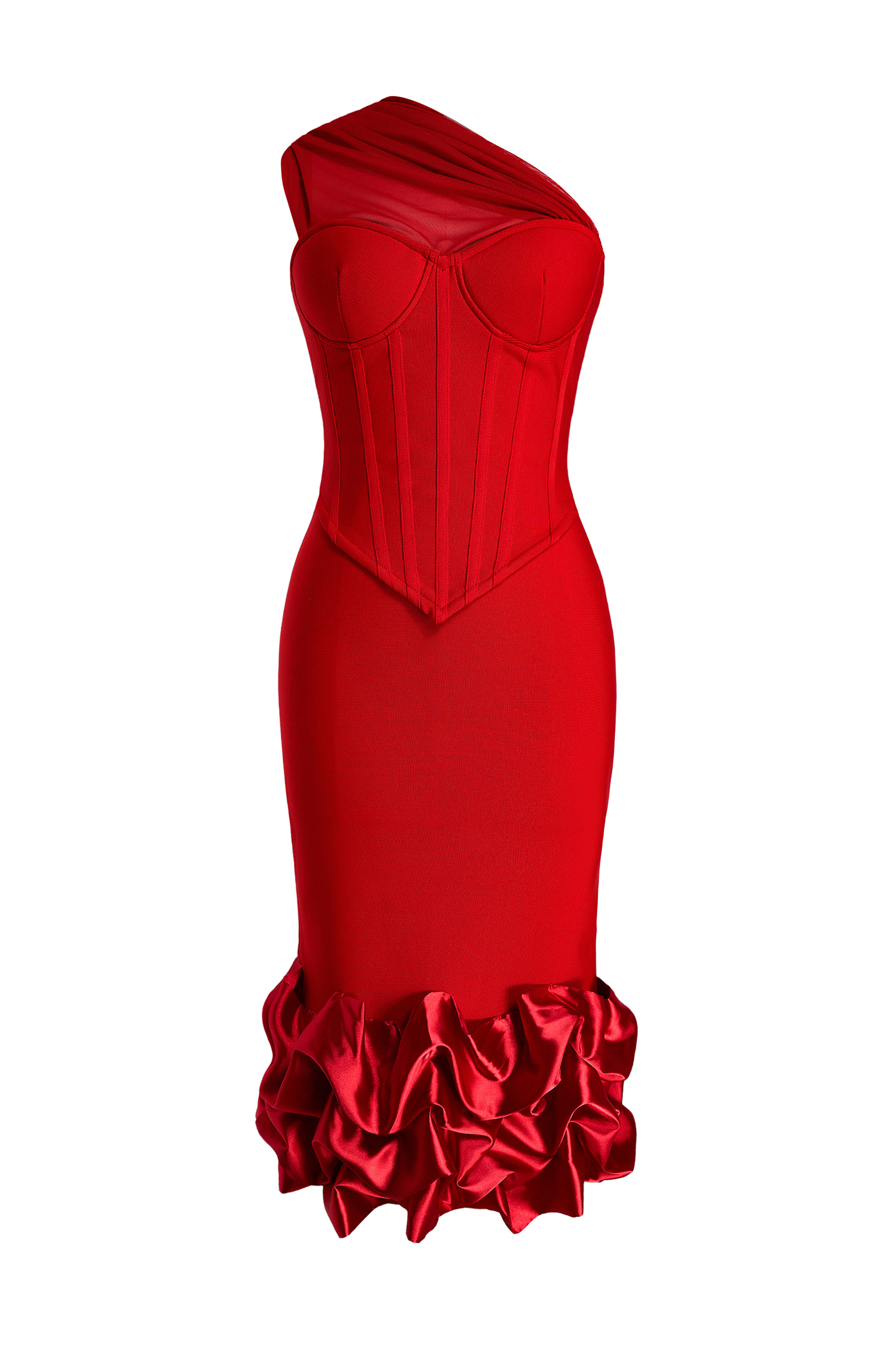 Mesh Splicing Bandage One-Shoulder Top & High Waist Midi Skirt Set