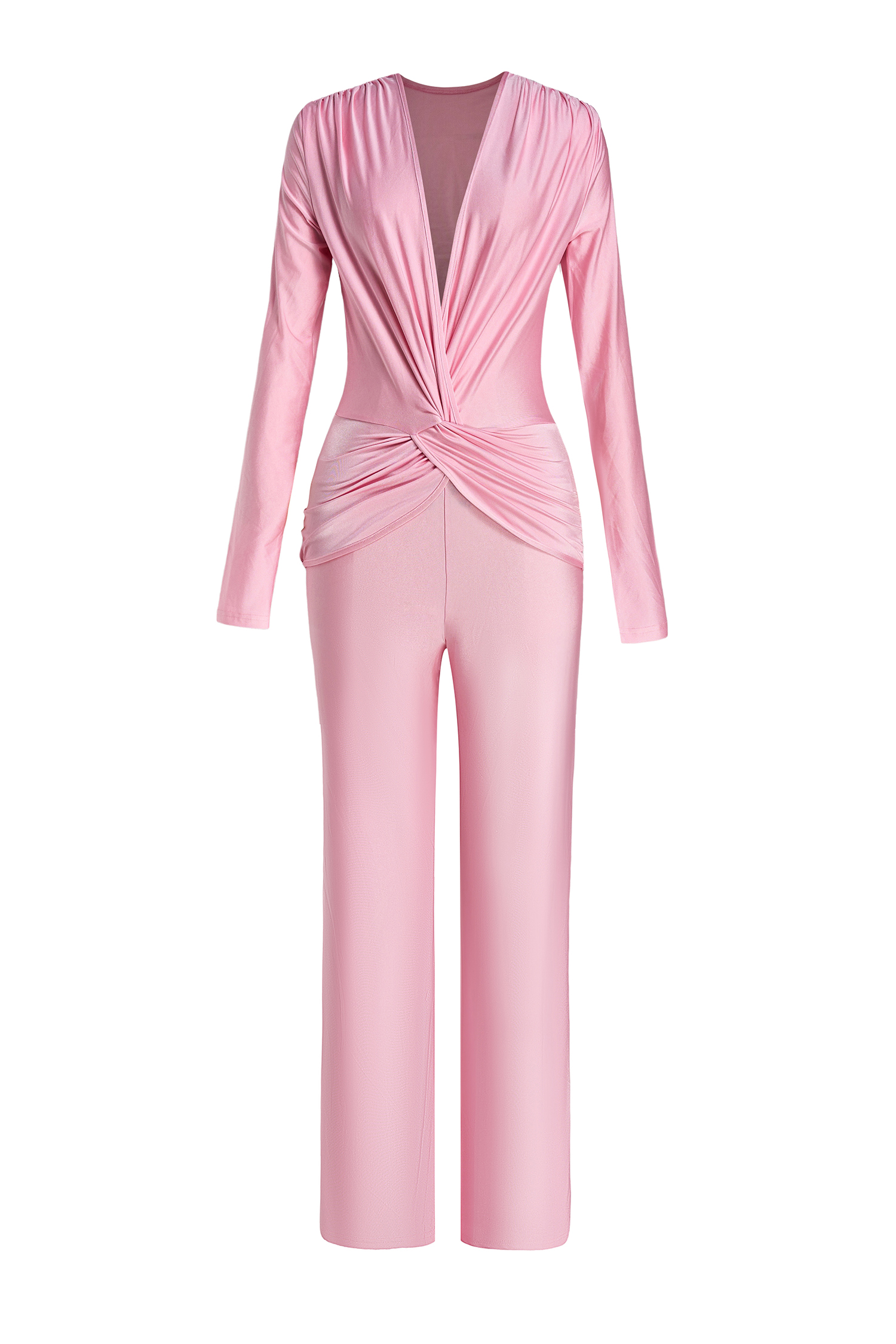 Solid V-Neck Knotted Top & High Waist Pants Set