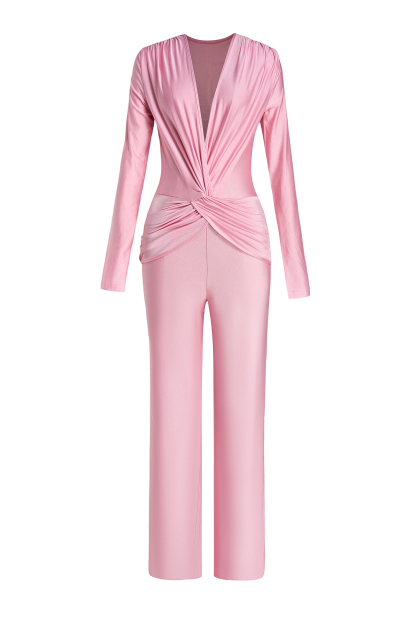 Solid V-Neck Knotted Top & High Waist Pants Set