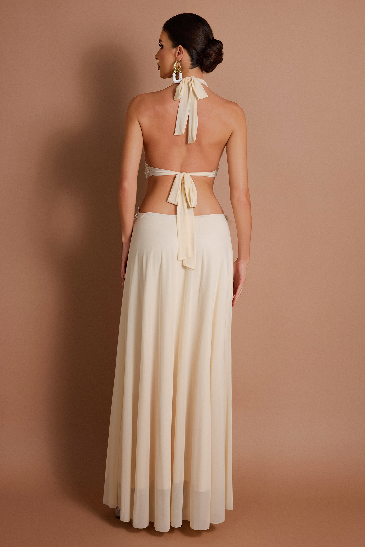 Mesh Splicing Lace Flower Halter Neck Maxi Dress