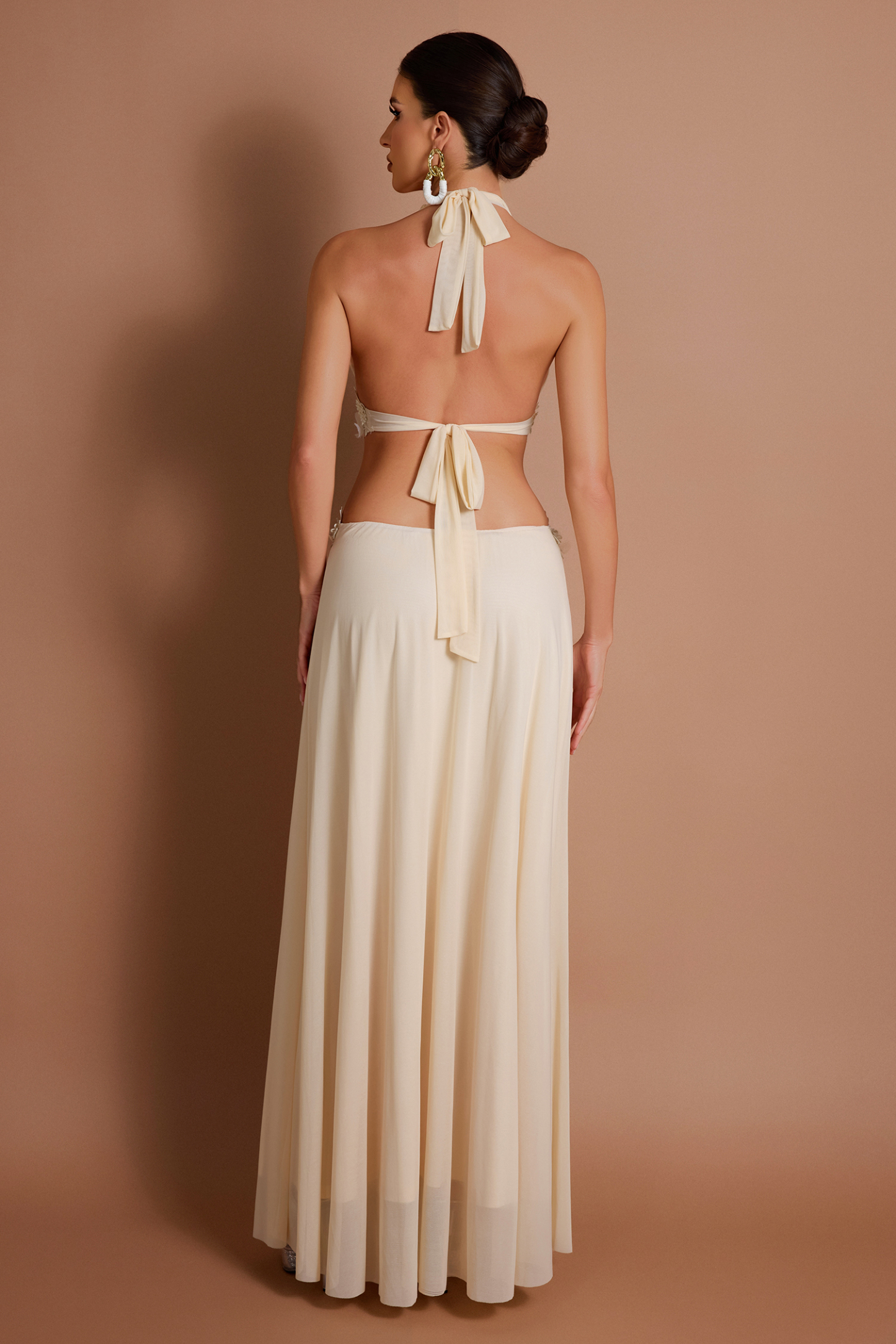 Mesh Splicing Lace Flower Halter Neck Maxi Dress