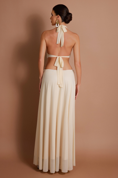 Mesh Splicing Lace Flower Halter Neck Maxi Dress