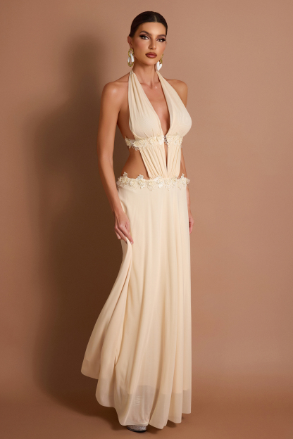 Mesh Splicing Lace Flower Halter Neck Maxi Dress