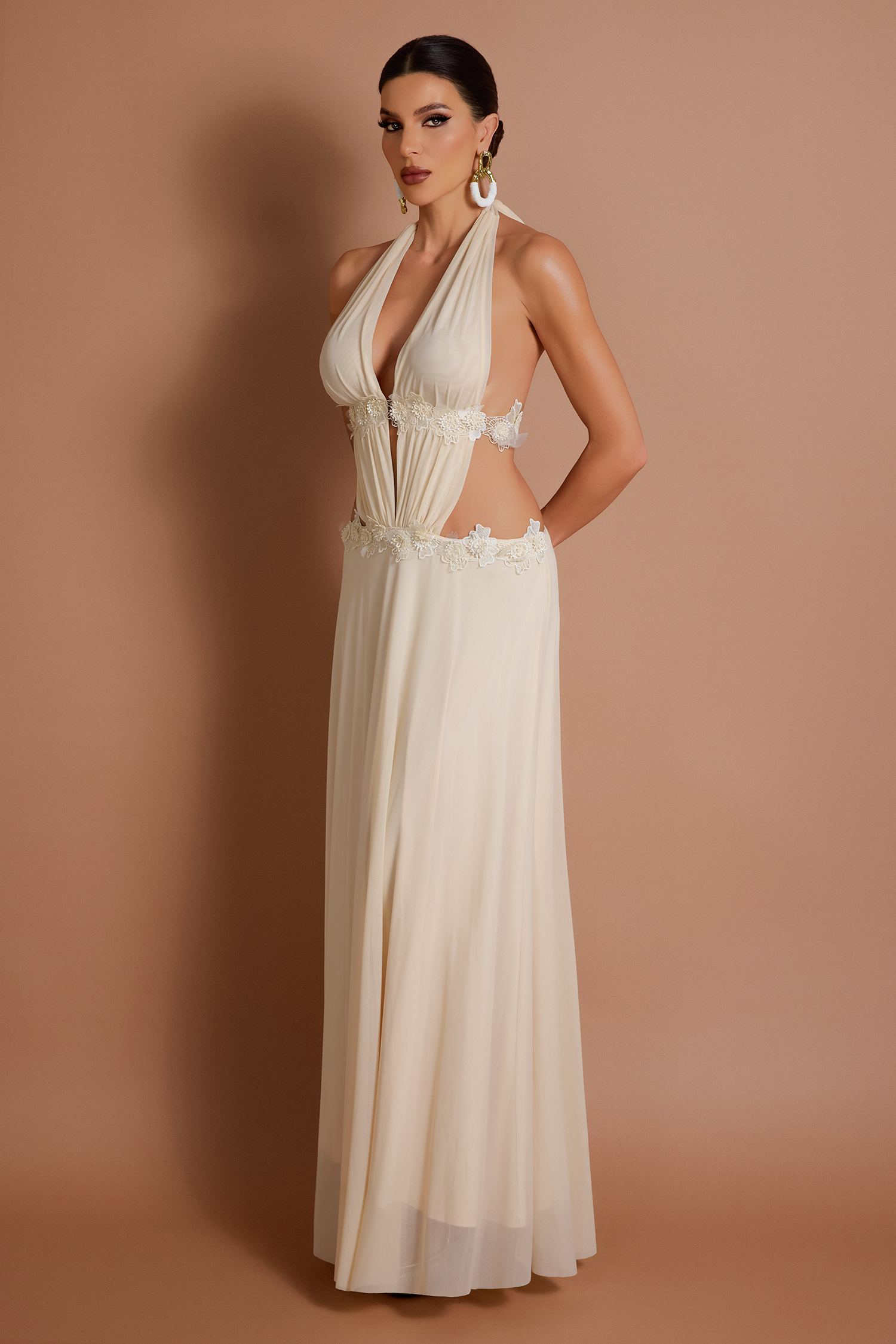 Mesh Splicing Lace Flower Halter Neck Maxi Dress