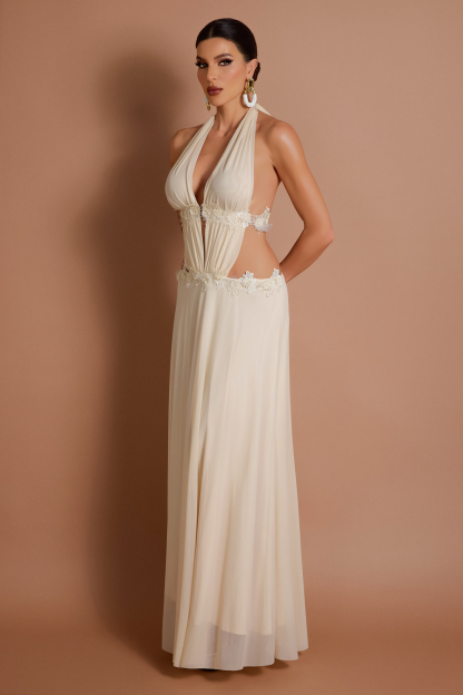 Mesh Splicing Lace Flower Halter Neck Maxi Dress