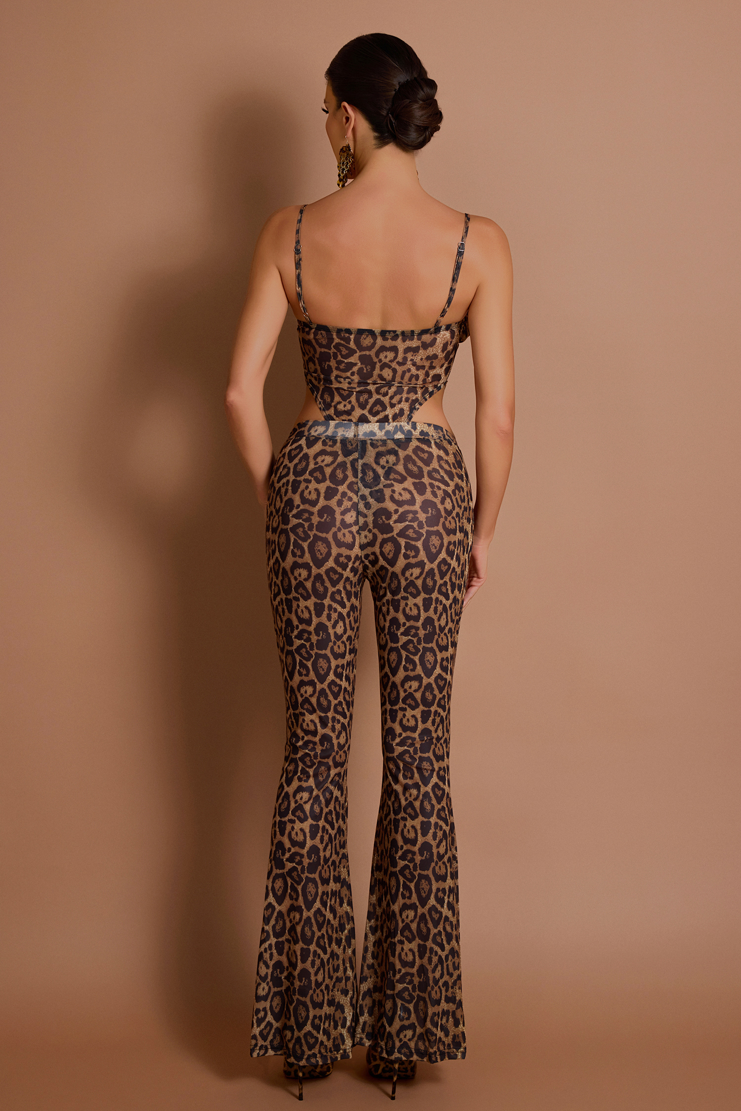 Leopard Print Mesh Slip Bodysuit & Mid Waist Pants Set