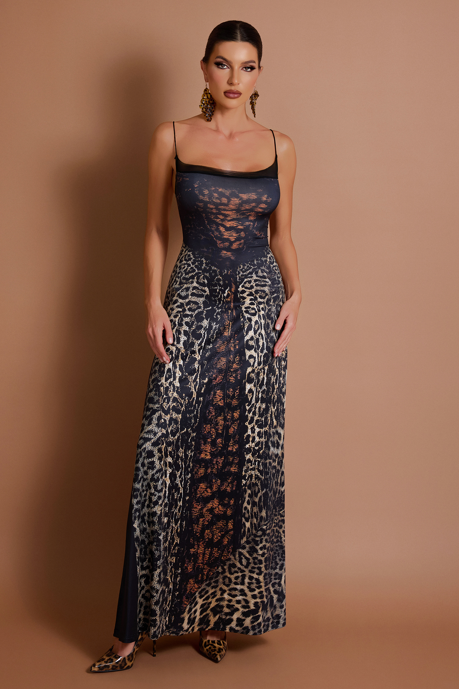 Leopard Print Mesh Slip Maxi Dress