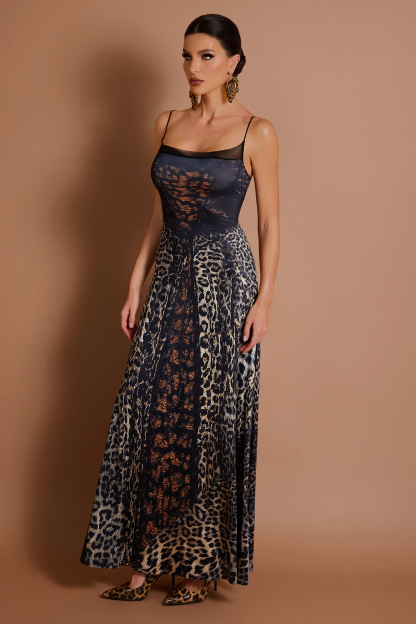 Leopard Print Mesh Slip Maxi Dress