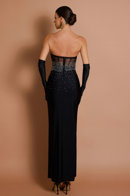 Rhinestone Off-Shoulder Slit Maxi Dress With Gloves