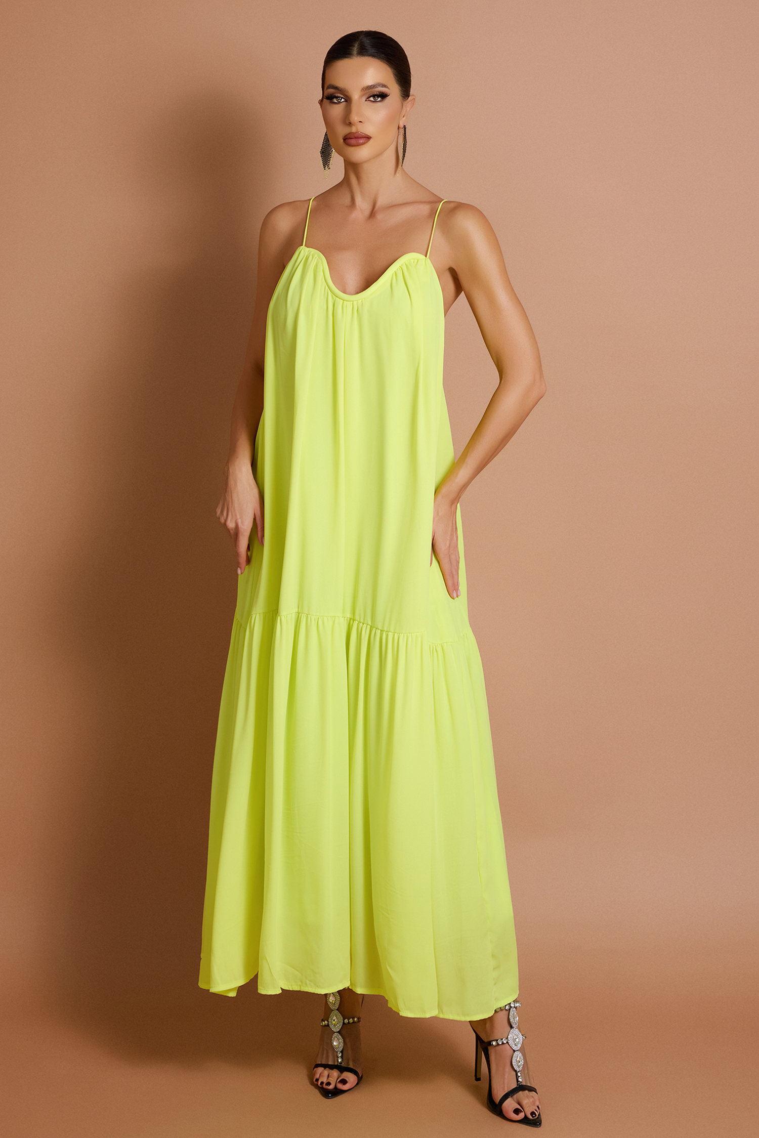 Chiffon Solid Halter Neck Maxi Dress