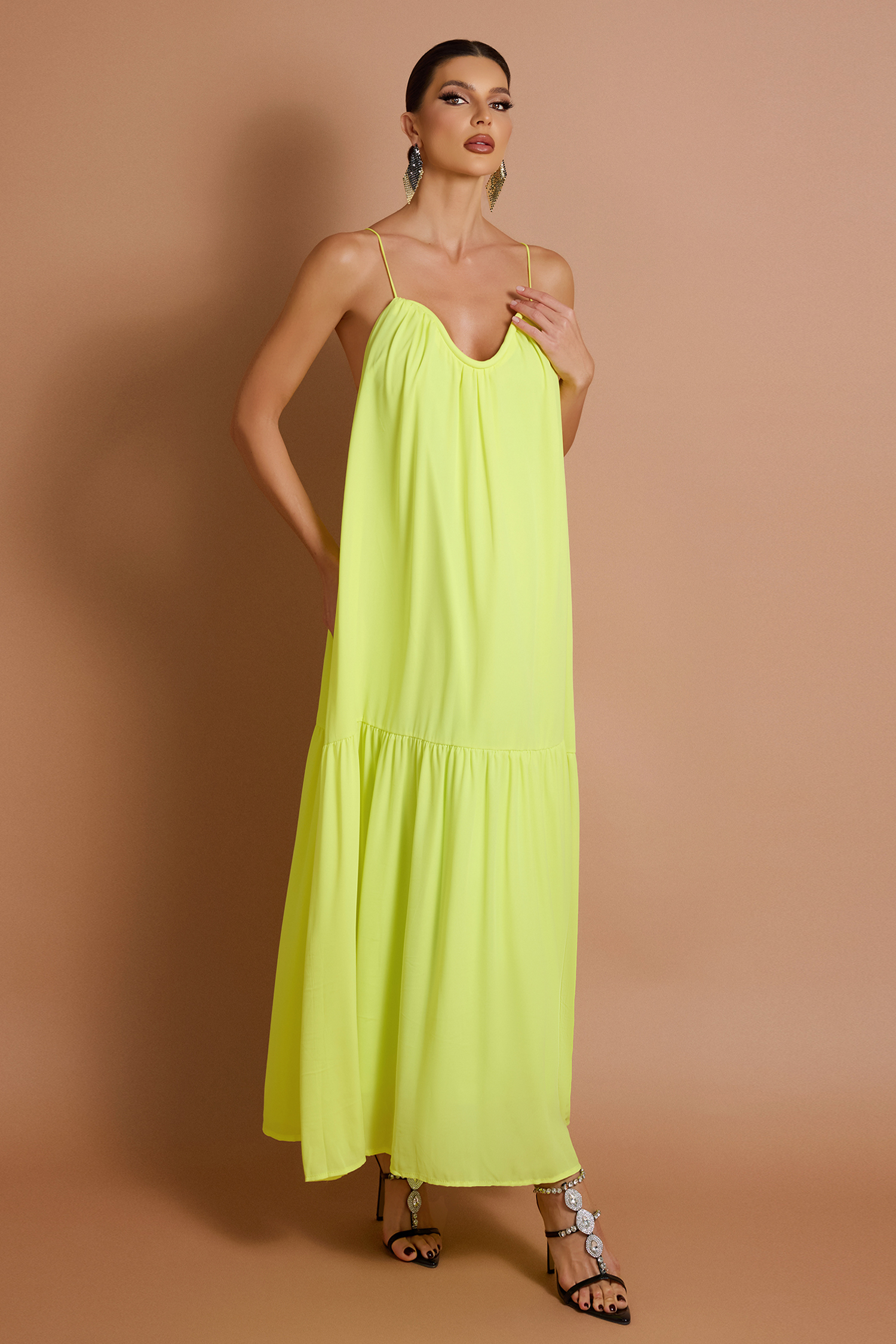 Chiffon Solid Halter Neck Maxi Dress