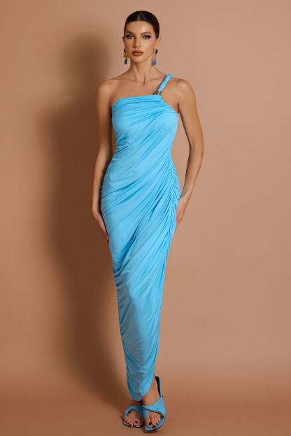 Gathering One Shoulder Slit Maxi Dress