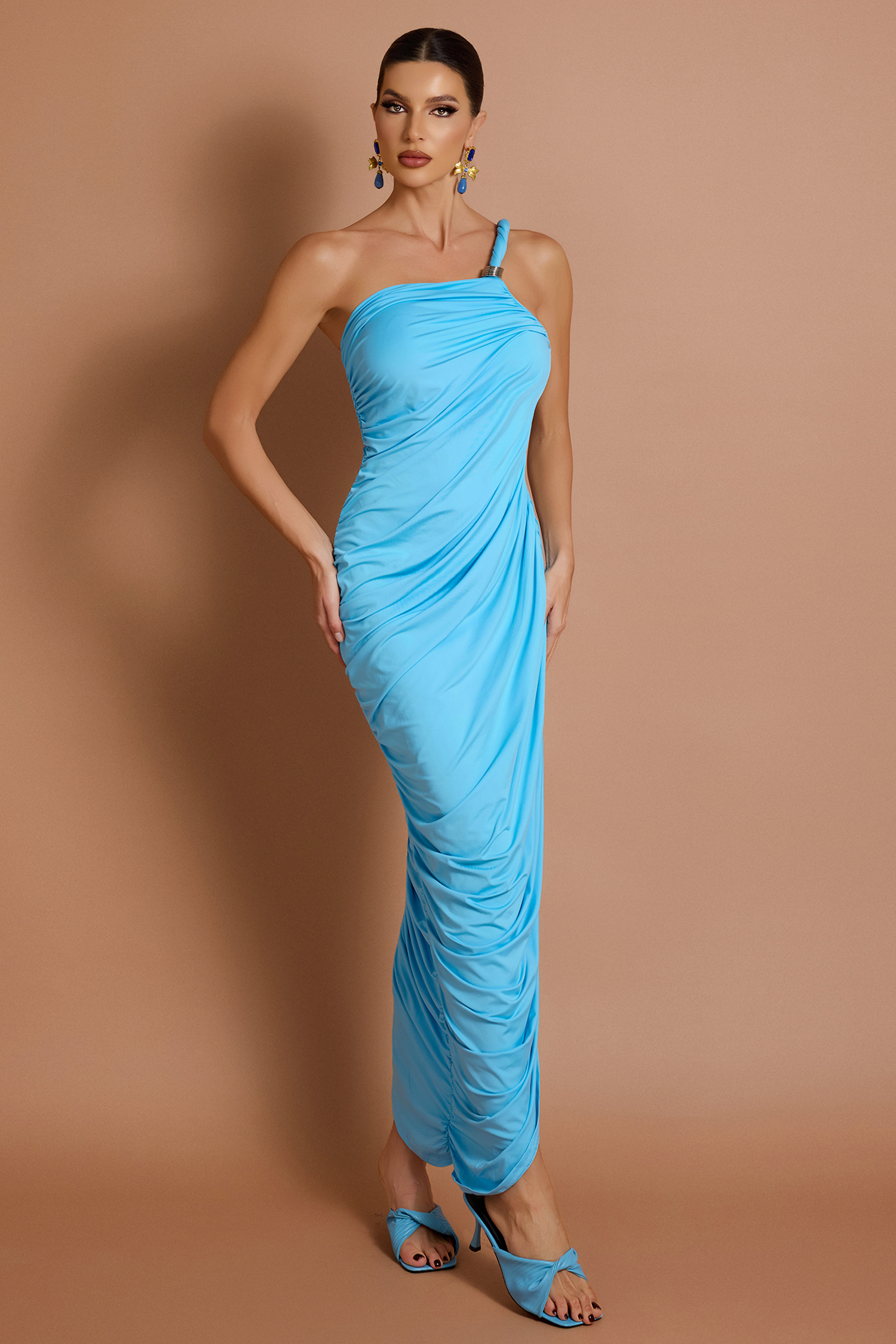 Gathering One Shoulder Slit Maxi Dress