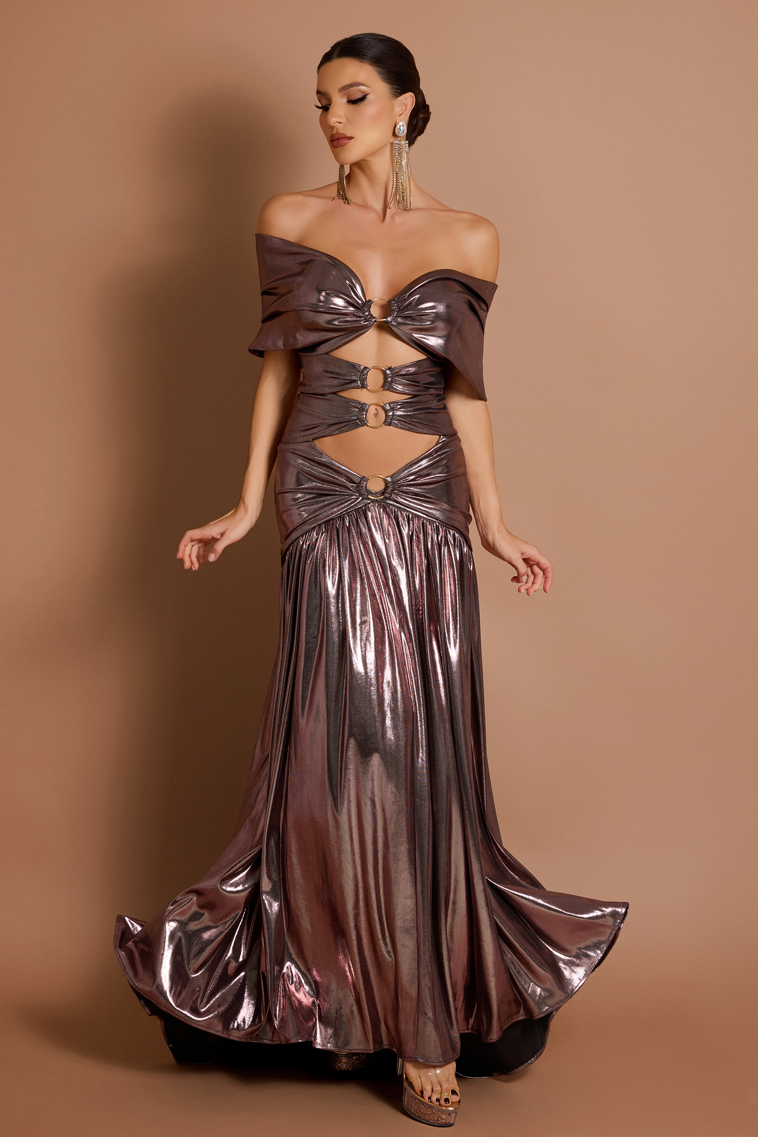 Metallic Fabric Cut-Out Metal Decorations Maxi Dress